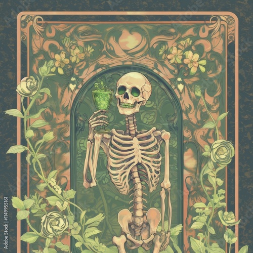 Art Nouveau Skeleton Enjoying Absinthe Cocktail