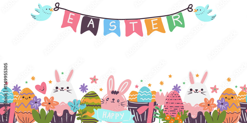 Fototapeta premium Vector Eastern banner of decorative Eastern eggs, rabbits, spring flowers and text Easter.