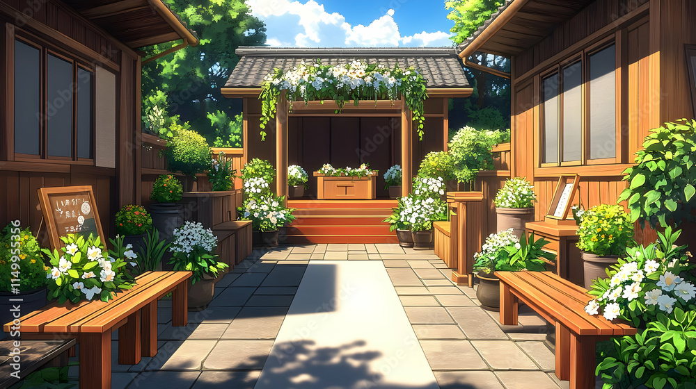 Fototapeta premium Serene Japanese Garden Illustration: Tranquil Courtyard with Wooden Benches and White Flowers