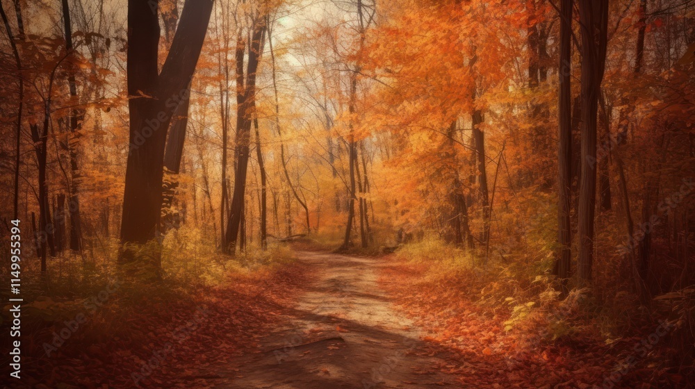 Autumn Path Through Golden Forest Trees Autumn Path Through Golden Forest Trees