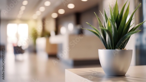 A bright, modern interior featuring a decorative green plant in a sleek pot, emphasizing a blend of nature and contemporary design.hotel industry, banner, hospitality, marketing, management, consultin photo