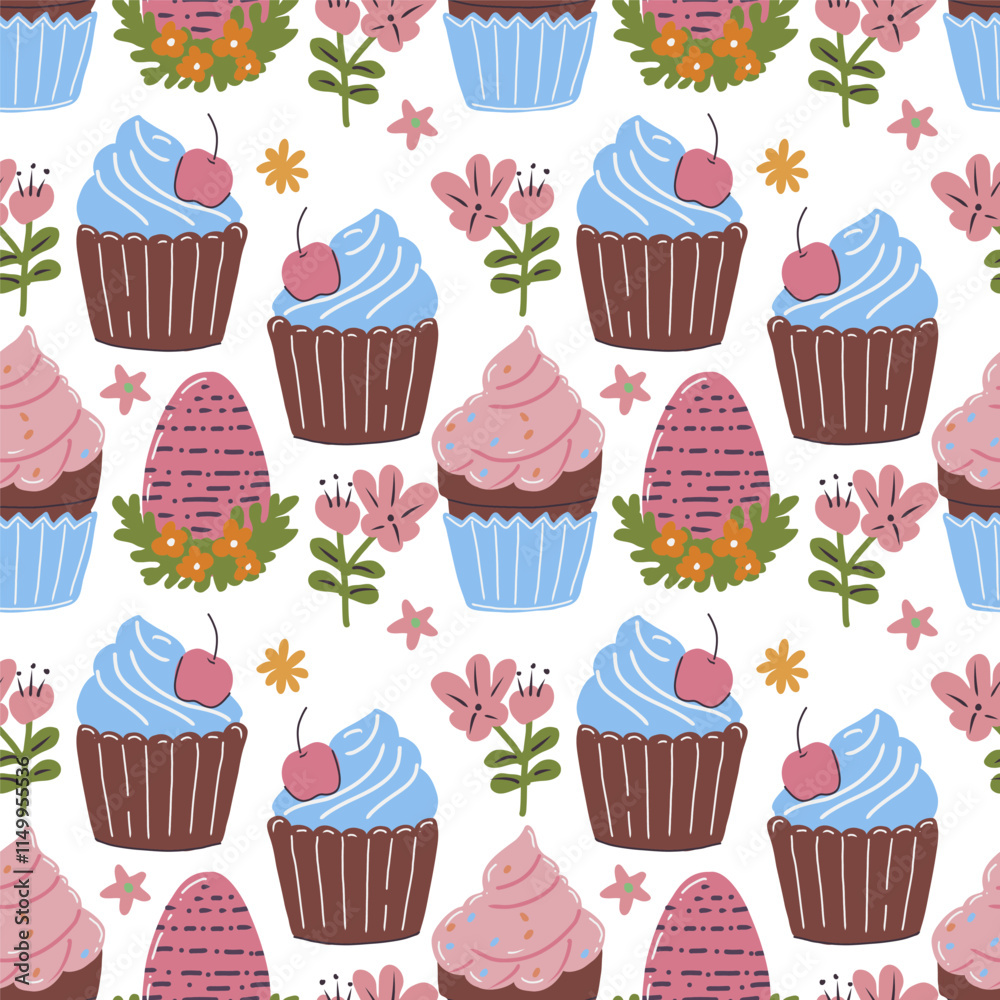 A pattern of cupcakes with flowers and Eastern eggs. The cupcakes are in various colors and sizes, and the flowers are scattered throughout the design. A pattern of cupcakes with flowers and Eastern eggs. The cupcakes are in various colors and sizes, and the flowers are scattered throughout the design.