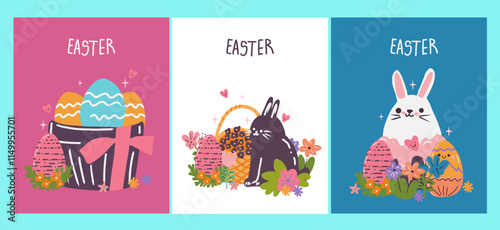 Three Easter cards with rabbits and eggs. The first card has a basket of eggs, the second has a rabbit holding a basket of eggs, and the third has a rabbit holding a basket of eggs and a heart