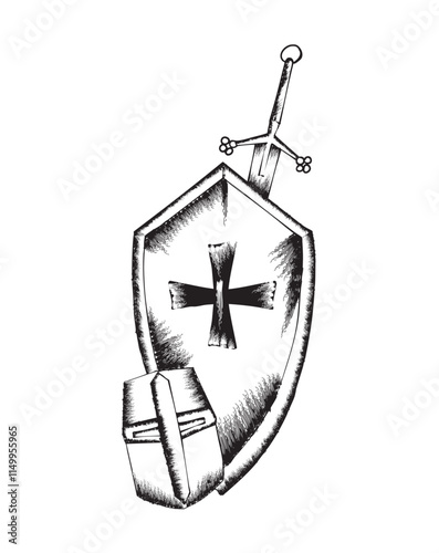 Medieval crusader shield, helmet and sword protecting christianity