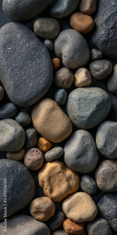 Smooth, rounded stones in shades of color against a dark background.Vertical phone wallpaper. Smooth, rounded stones in shades of color against a dark background.Vertical phone wallpaper.