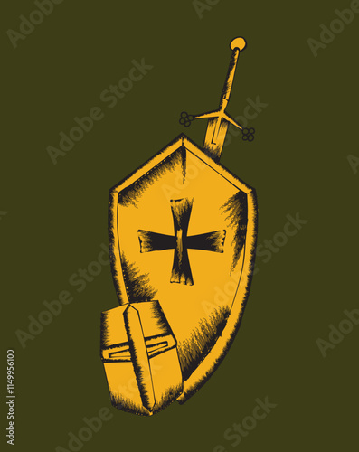 Medieval crusader shield, helmet and sword protecting christianity