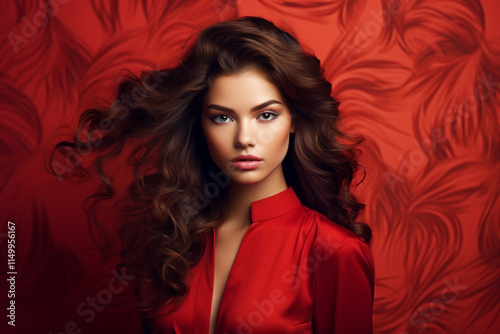 Beautiful Young Model Posing for an Advertising Photograph on a Red Background