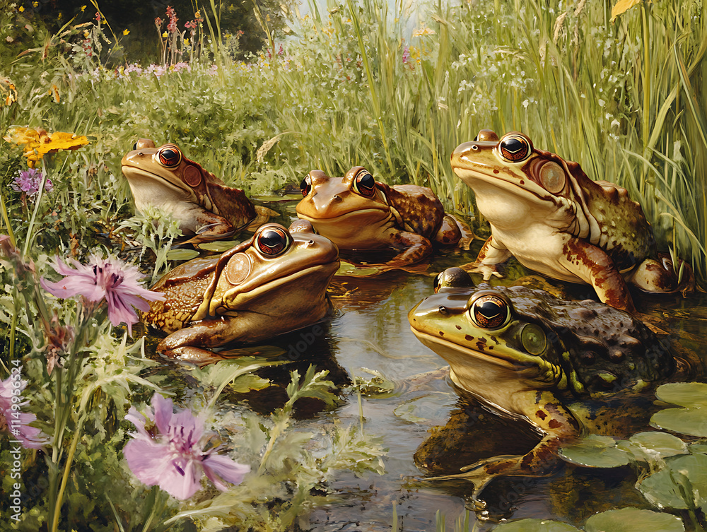 Obraz premium A group of American bullfrogs in various poses by the edge of a pond, with tall grass and wildflowers framing the scene. The composition highlights the frogs 