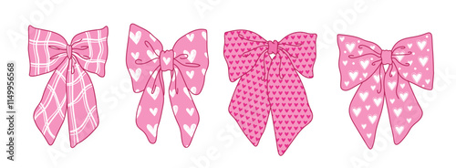 Valentine bow clip art with heart pattern vector, valentine bow vector, pink bow collection vector, coquette style bow clip art