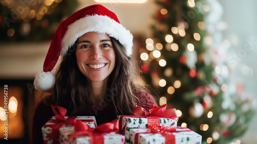 A smiling woman with long brunette hair, dressed in a Santa hat and winter attire, carrying multiple Christmas presents adorned with ribbons and bows. The background features a coz photo