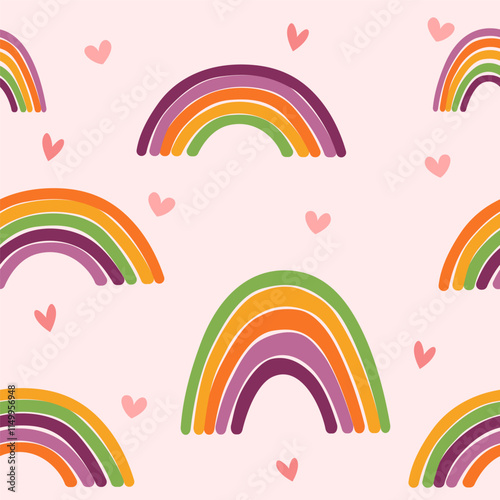Colorful rainbow seamless pattern with little hearts on pink background
