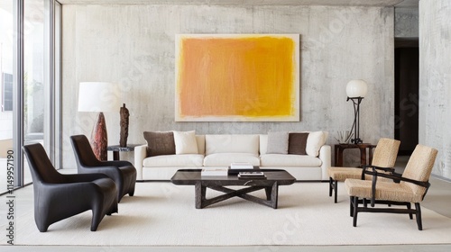 Modern living room design with bold artwork contemporary home interior decor minimalist style wide-angle view