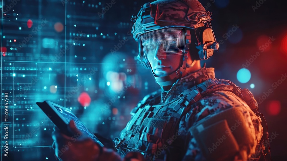 Soldier using advanced technology in the night. Soldier using advanced technology in the night.