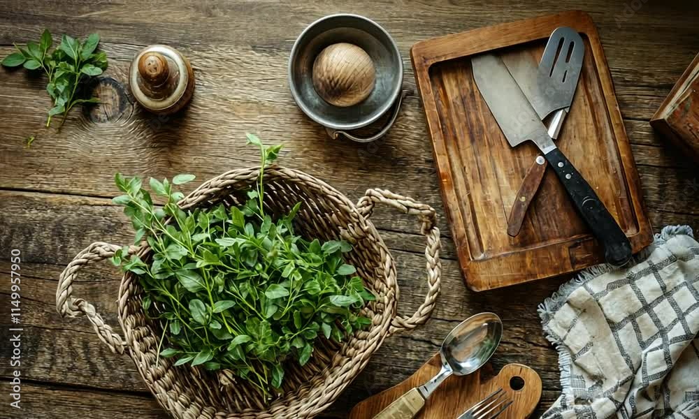 Rustic Kitchen Still Life: Fresh Herbs and Culinary Tools