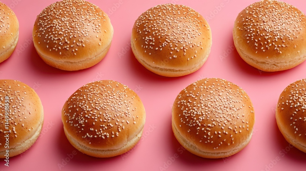 Fresh burger buns with sesame seeds arranged in two rows on rosy background. Preparing fast food or homemade hamburger. Food photography. Unhealthy eating or diet. Round soft brioches. Selective focu Fresh burger buns with sesame seeds arranged in two rows on rosy background. Preparing fast food or homemade hamburger. Food photography. Unhealthy eating or diet. Round soft brioches. Selective focu