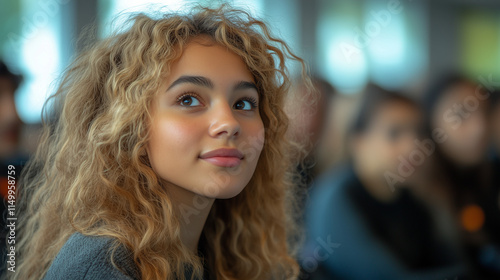 Wallpaper Mural A group of international students attending a lecture, diverse faces engaged as they listen attentively to the teacher, modern classroom with large windows and bright lighting  Torontodigital.ca