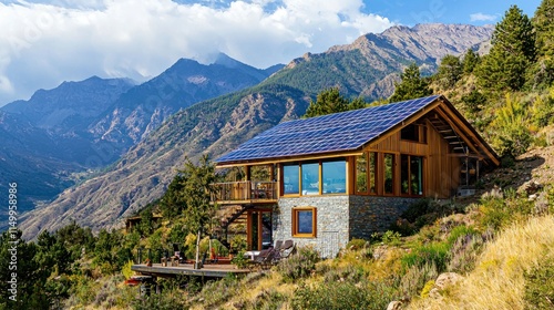 A sustainable eco-lodge nestled in the mountains with solar panels on the roof.