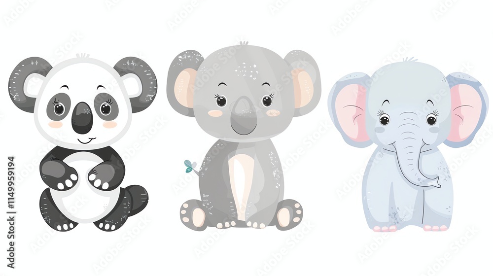 A panda, an elephant, and a baby elephant, drawn in a cartoon style. A panda, an elephant, and a baby elephant, drawn in a cartoon style.
