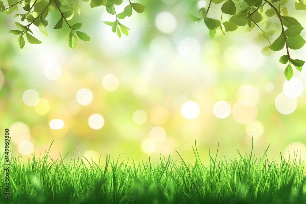 Lush green grass with bright bokeh background and leaves. Lush green grass with bright bokeh background and leaves.