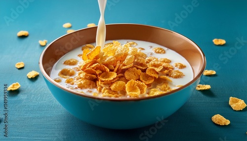 Delicious cornflakes with fresh milk pouring into a stylish blue bowl, set against a vibrant background. A perfect breakfast concept symbolizing healthy eating, morning routine, and wholesome nutritio photo