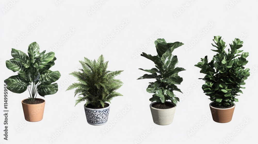 Fototapeta premium Assorted potted green plants in stylish containers isolated on a white background, ideal for banners, interior decor illustrations, and botanical designs.