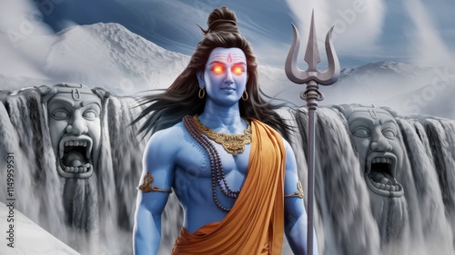 God Shiva standing on the snow-capped peaks of Mount Kailash. Shiva holds his trident tightly in his hand. In the background are waterfalls of rakshasas with open mouths spewing dirty water. photo