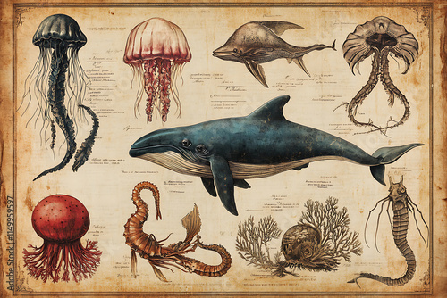 A Comprehensive Guide to Ocean Wildlife: Exquisite Illustrations of Marine Life, Including Jellyfish, Whales, Seahorses, and More
