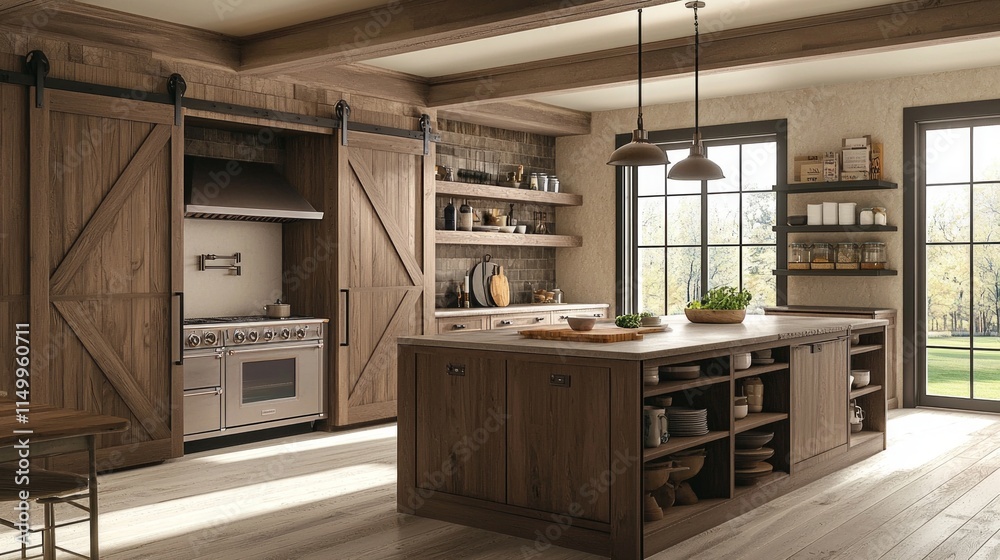 Modern rustic kitchen design spacious home interior photography natural light cozy atmosphere Modern rustic kitchen design spacious home interior photography natural light cozy atmosphere