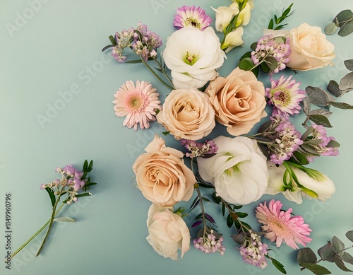 A beautifully arranged pastel flower bouquet with pink roses, white eustomas, and a peach gerbera in elegant wrapping. A perfect choice for greeting cards, wedding invitations, romantic gifts, and flo photo