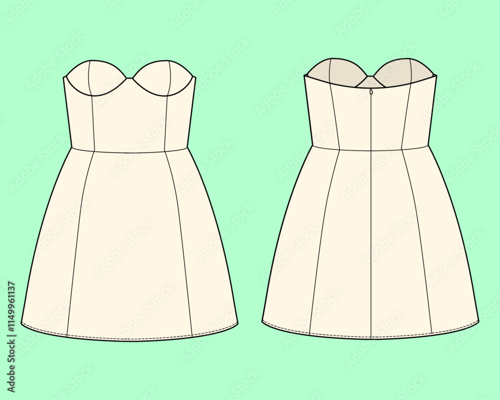 Ladies ecru colour mini flared tops front and back view flat sketch outline. Ladies ecru colour mini flared tops front and back view flat sketch outline.
