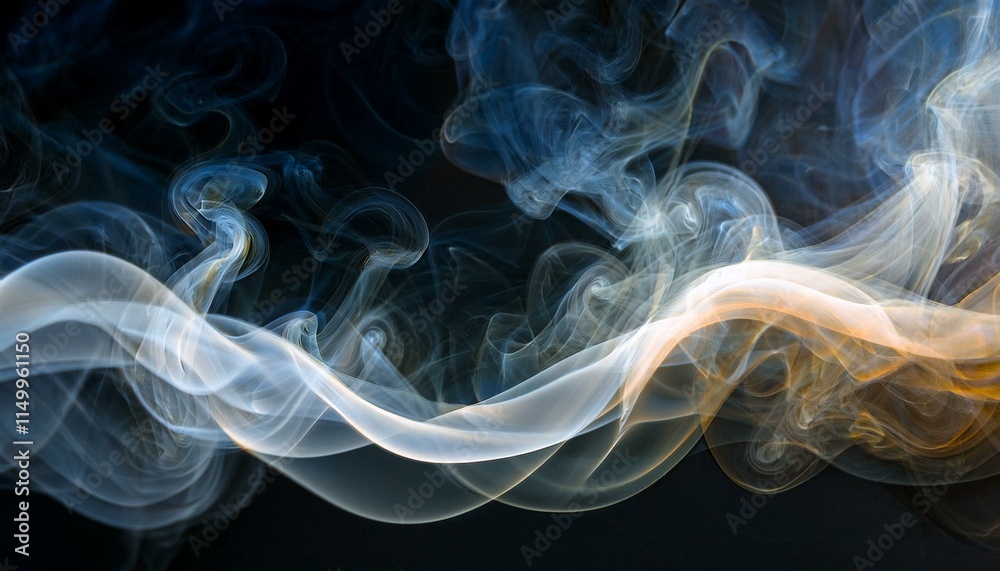 Wisps of white and golden smoke swirling gracefully against a black background, creating an abstract and ethereal mood.