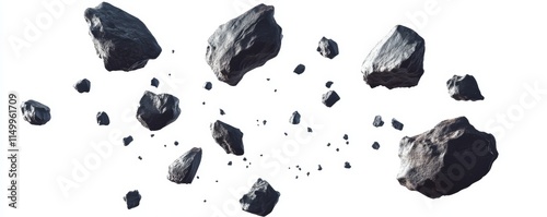 Isolated dark grey rocks and stones falling in white background.