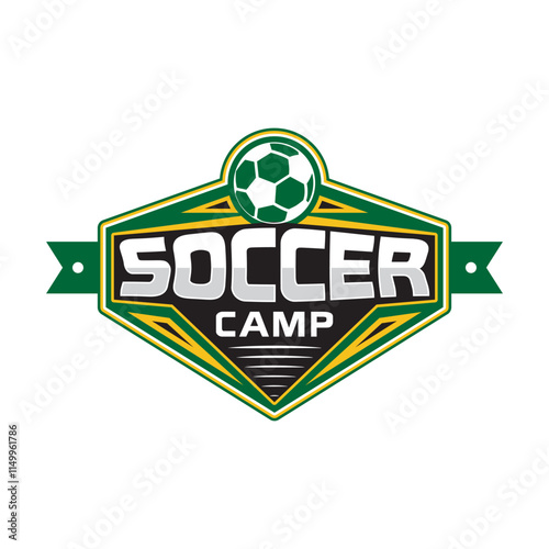 Soccer vector sport camp badge with ball in green color isolated on a white background.