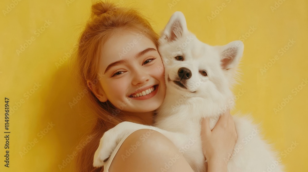 Overjoyed girl holds nice pretty fluffy white spitz, owner of breed dog, have photoshoot together, have positive time at party, isolated on yellow wall. Ambitious volunteer takes care of animals Overjoyed girl holds nice pretty fluffy white spitz, owner of breed dog, have photoshoot together, have positive time at party, isolated on yellow wall. Ambitious volunteer takes care of animals