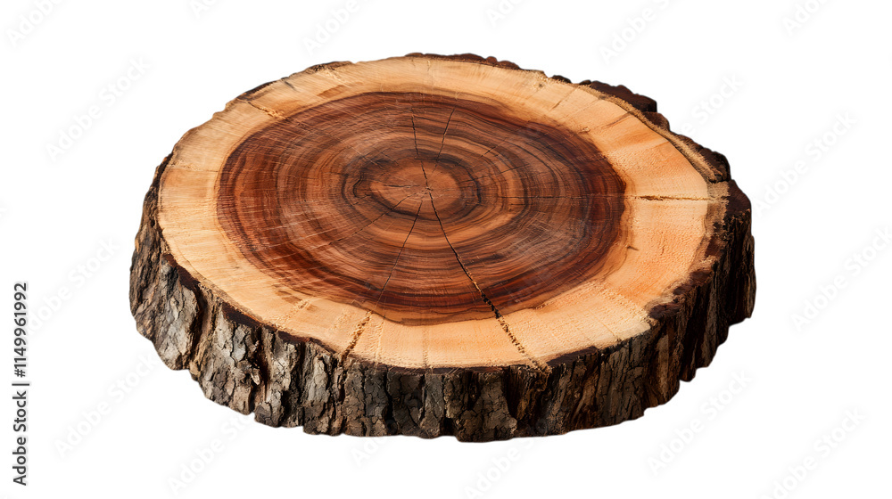 Round wooden tree slice with bark texture and visible growth rings, showcasing natural wood grain for rustic decor. Isolated on transparent background Round wooden tree slice with bark texture and visible growth rings, showcasing natural wood grain for rustic decor. Isolated on transparent background