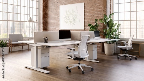 Modern office workspace design bright urban location interior photography professional environment wide angle view minimalist concept