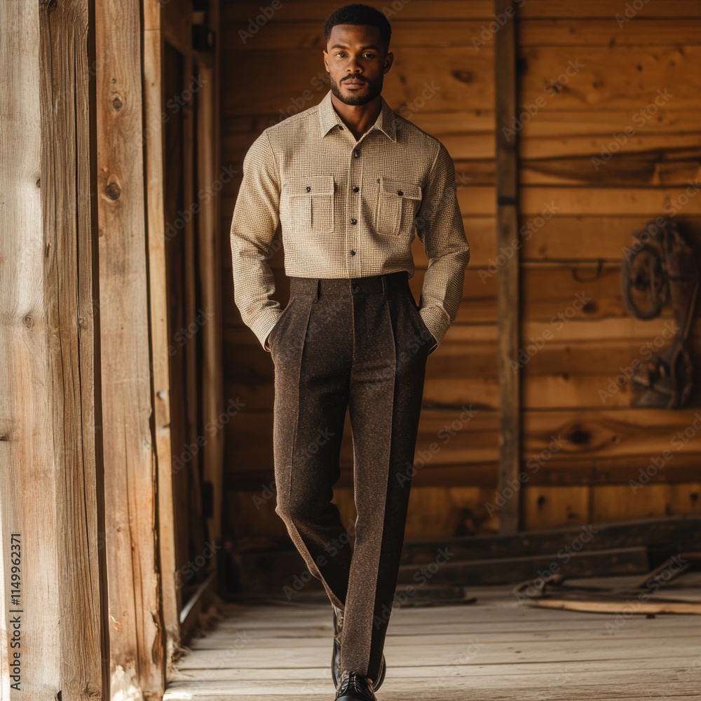 Stylish Man in Beige Shirt and Brown Trousers in Rustic Setting