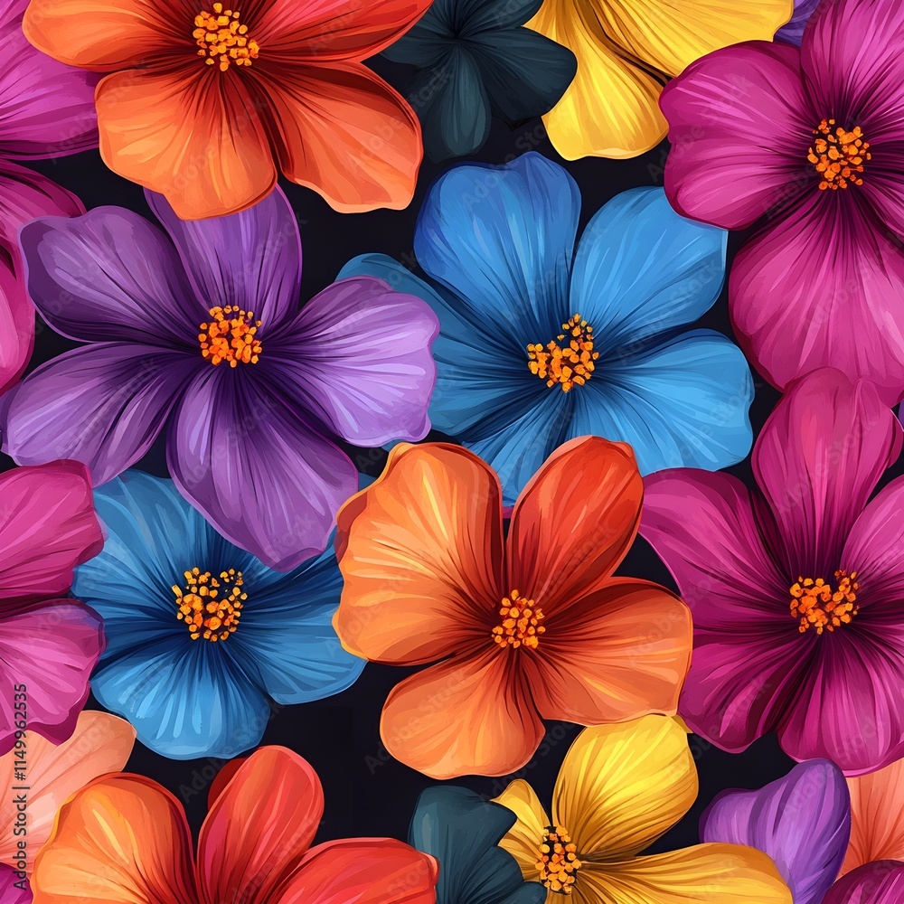 custom made wallpaper toronto digitalVibrant Seamless Floral Pattern with Colorful Hibiscus Flowers in Shades of Orange, Pink, Blue, Purple, and Yellow on a Dark Background – Tropical and Bold Botanical Art Design
