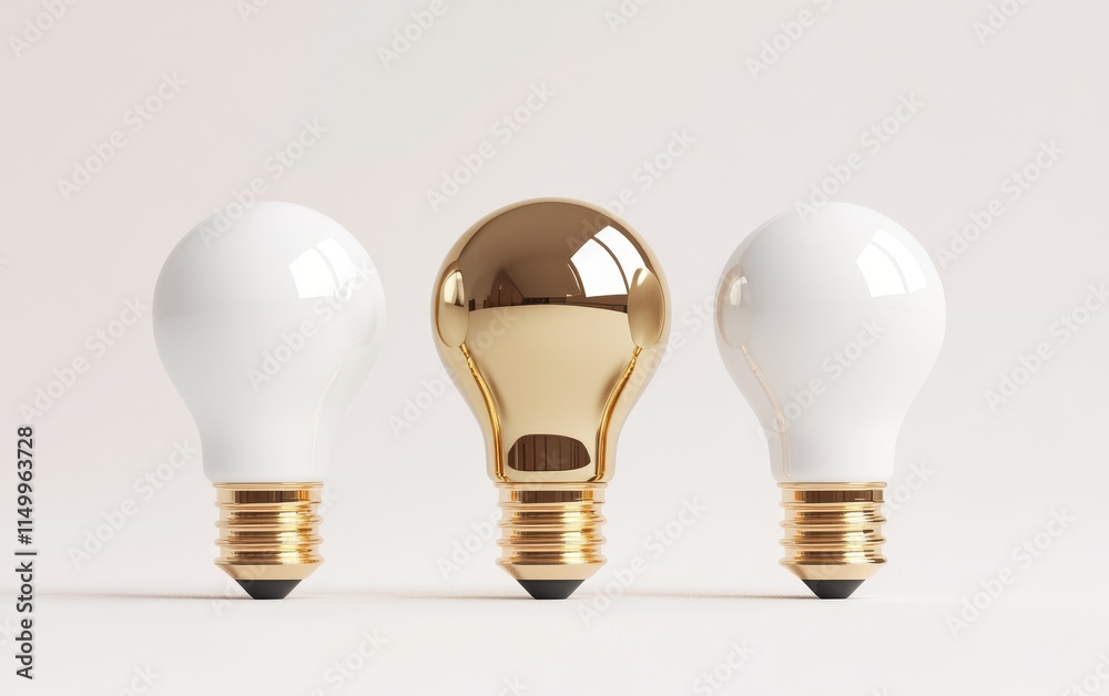 Three light bulbs; two white, one gold, representing unique ideas. Three light bulbs; two white, one gold, representing unique ideas.