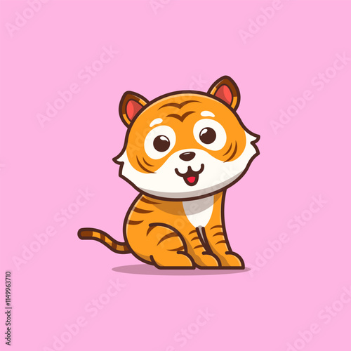 A cute cartoon tiger sitting on a pink background, exuding playfulness.