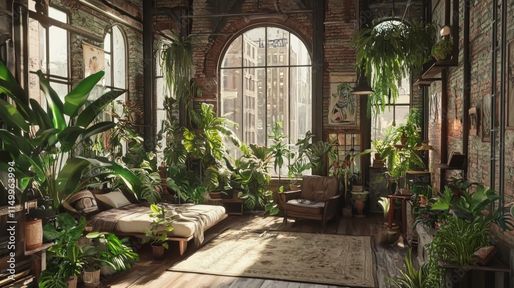 Fototapeta premium Lush indoor plant oasis cozy apartment interior design inspiration urban environment natural light relaxation concept