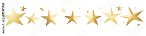 Elegant golden stars in various sizes arranged as a decorative border on a white background, ideal for festive themes and celebrations.

