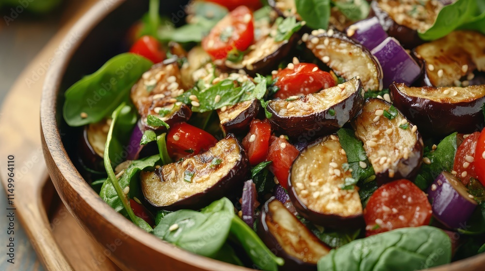 Selective focus. Warm salad with eggplant and spinach in a skillet. Healthy food. Vegan lunch. Selective focus. Warm salad with eggplant and spinach in a skillet. Healthy food. Vegan lunch.