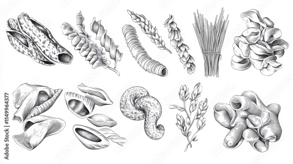 Sketch pasta. Hand drawn italian menu, authentic restaurant food types. Isolated sketch penne fusilli fettuccine, dish ingredient vector set Sketch pasta. Hand drawn italian menu, authentic restaurant food types. Isolated sketch penne fusilli fettuccine, dish ingredient vector set