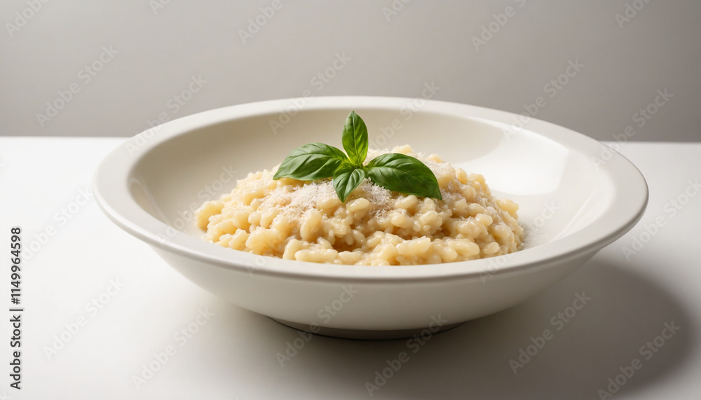 Creamy Risotto in a minimalist style in white colors with copy space Creamy Risotto in a minimalist style in white colors with copy space