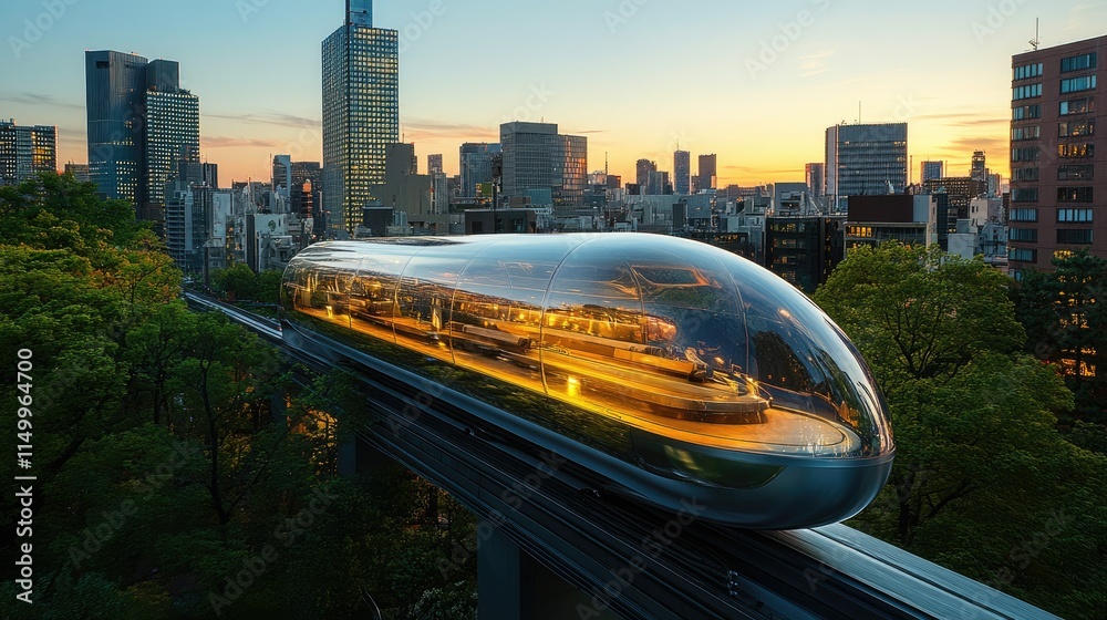 Naklejka premium Futuristic transparent pod train above city skyline at sunset.