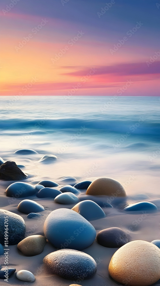 A serene beach scene at sunset with smooth pebbles and gentle waves.