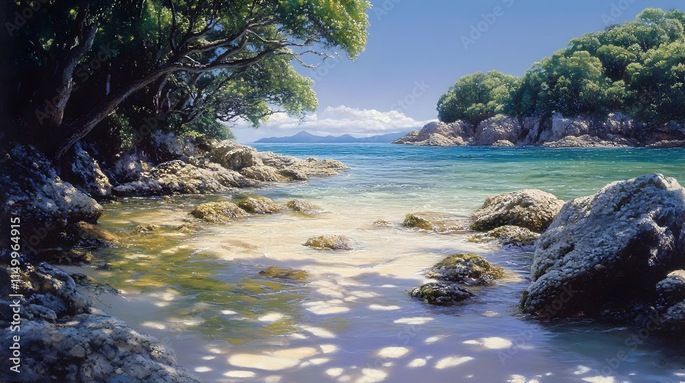 A serene coastal landscape featuring clear waters, sandy shores, and lush greenery. A serene coastal landscape featuring clear waters, sandy shores, and lush greenery.