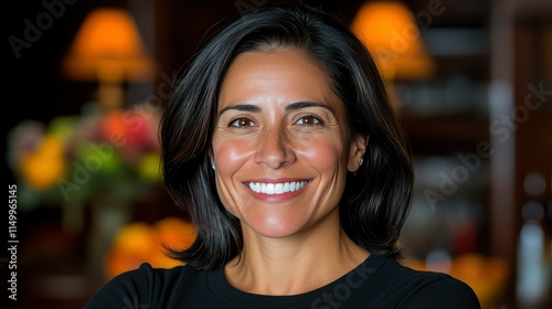 Confident Hispanic Businesswoman Smiling in a Luxurious Setting