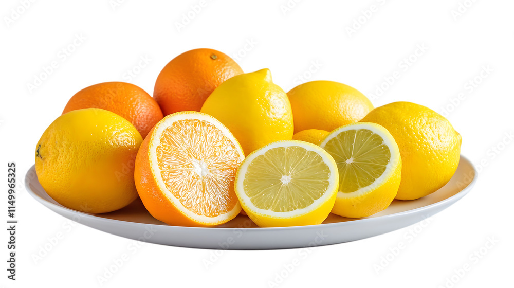 Fresh citrus fruits including oranges and lemons arranged on a simple white plate, illuminated by soft natural light. Isolated on white background Fresh citrus fruits including oranges and lemons arranged on a simple white plate, illuminated by soft natural light. Isolated on white background